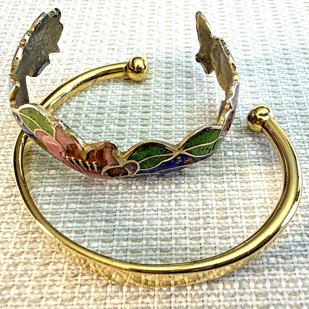 Set of Child's Vintage Floral Butterfly Cloisonné & Solid GoldTone Cuff Bracelet